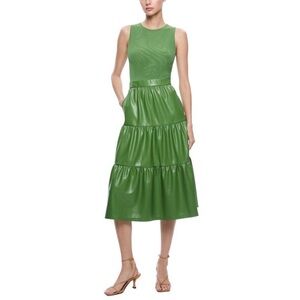 Alice + Olivia Chara Vegan Leather Sleeveless Tiered Midi Dress Avocado Green
